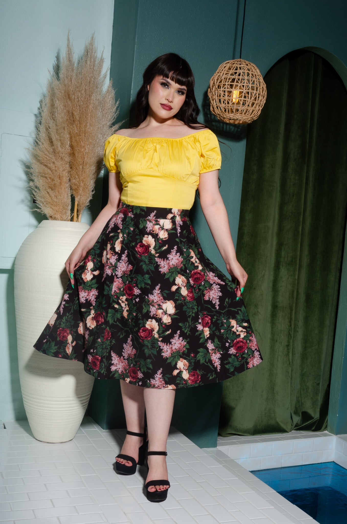 Pinup Couture Peasant Top in Yellow Stretch Cotton Sateen