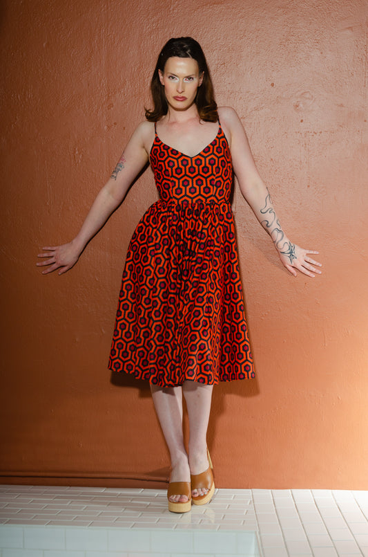 Amalie Ballerina Swing Dress in 60s Hotel Hexagon Print Stretch Crepe | Laura Byrnes Design