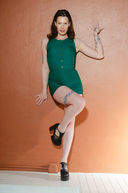 Final Sale - Edie Playsuit in Green Stretch Gabardine | Laura Byrnes Design