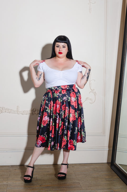 Gathered Circle Skirt in Red Roses Satin | Laura Byrnes Design