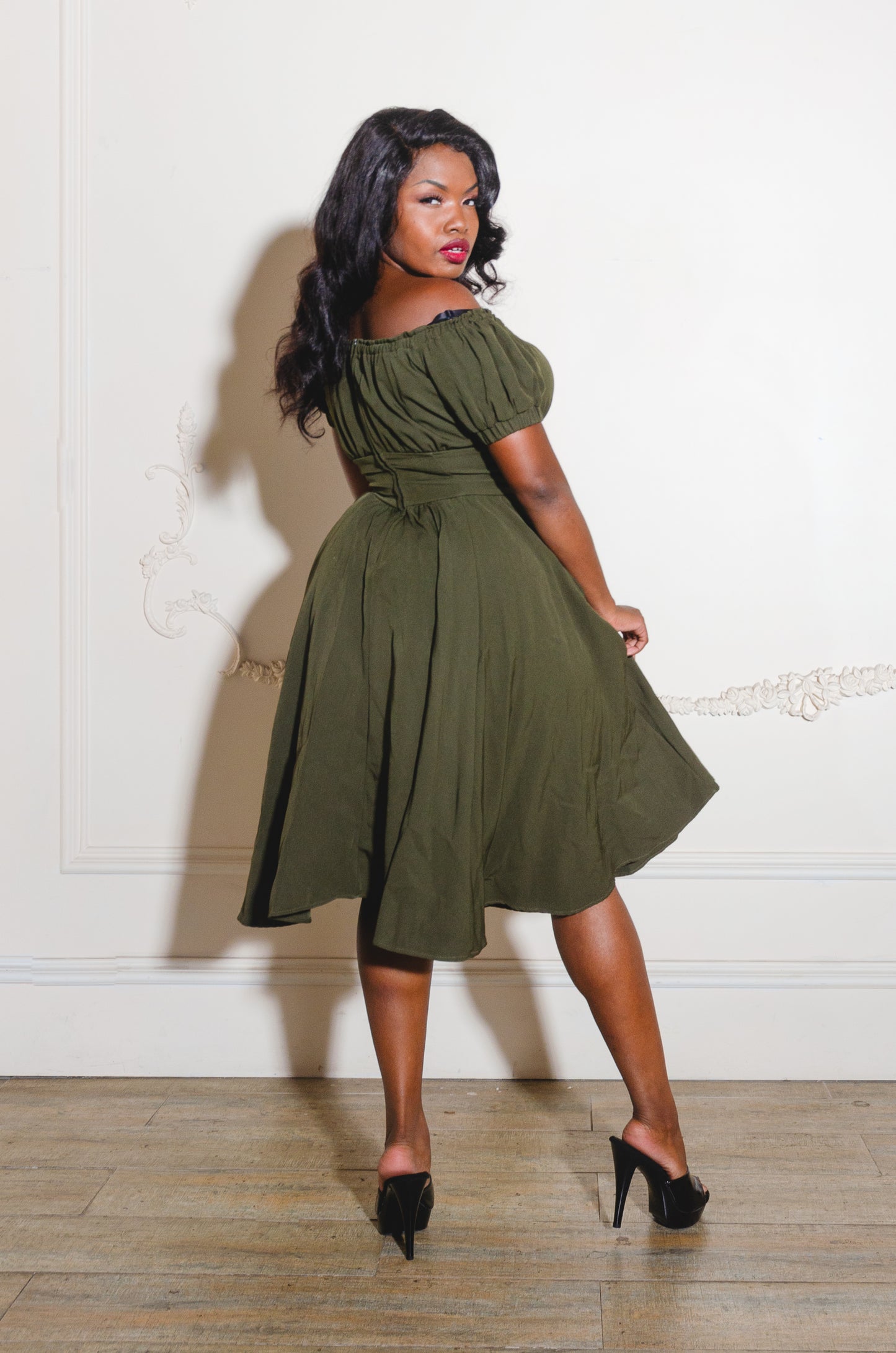 Marie-Thérèse Peasant Dress with Short Sleeves in Olive Poly Crepe | Pinup Couture