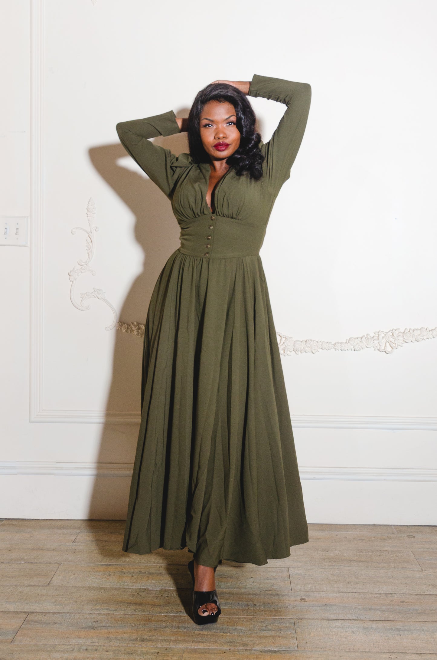 Clarice 40s Vintage Maxi Coat Dress in Olive Green Poly Crepe | Laura Byrnes Design