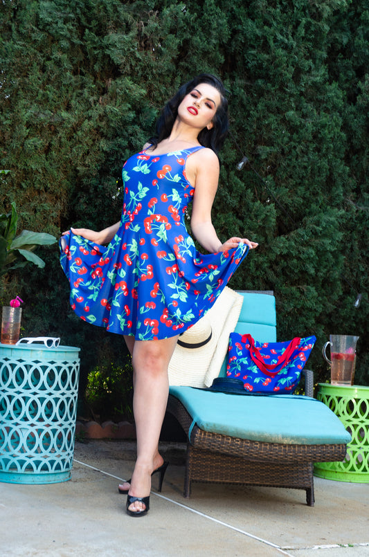 Frenchie Beach Coverup Swim Skater Skirt in Dark Blue Cherry Girl | Pinup Couture Swim