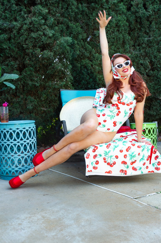 Rory Antique Ivory Cherry Girl One-Piece Swimsuit | Pinup Couture Swim