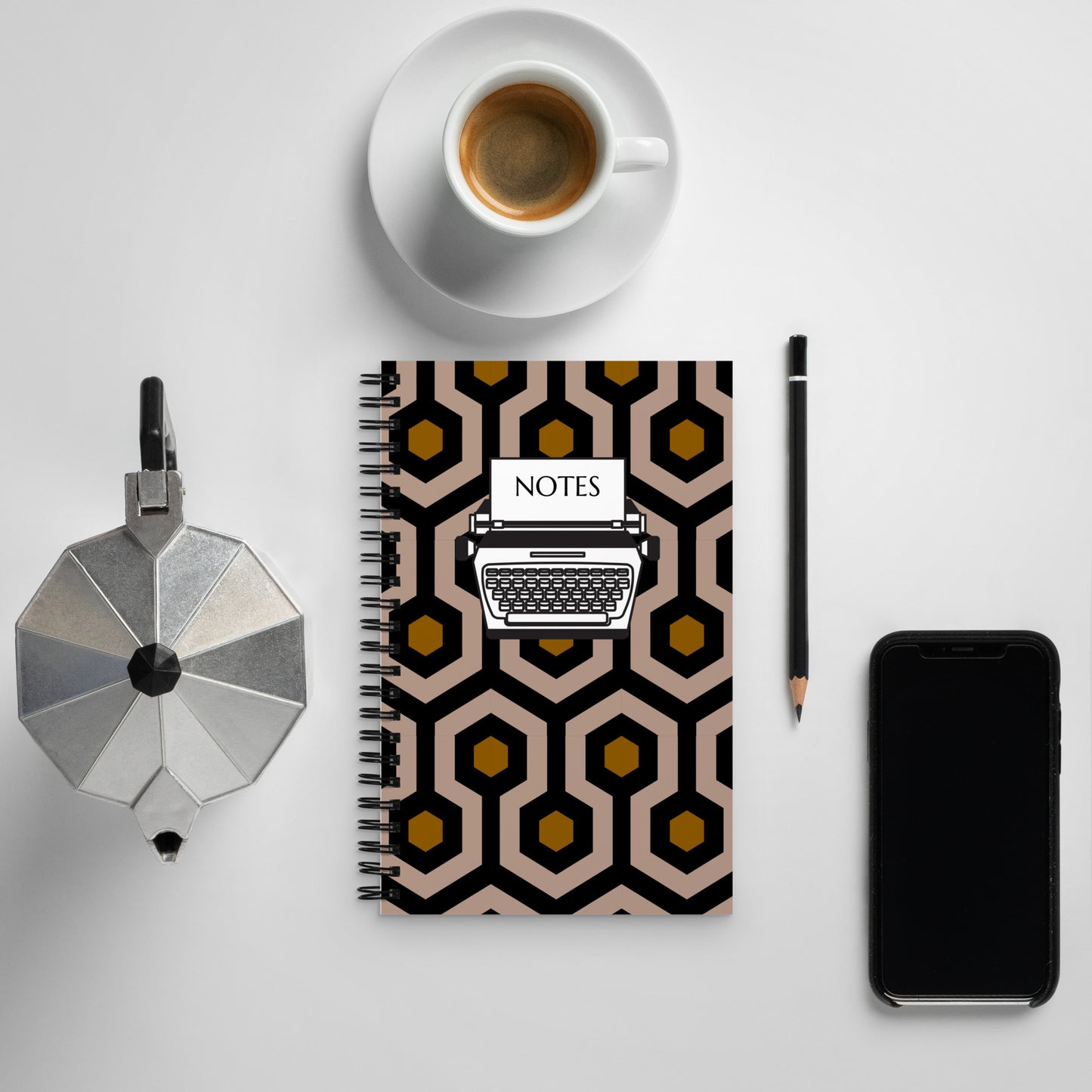 8.5"x5.5" Spiral notebook with Dotted Pages in Brown Hexagon Print | Pinup Couture Home