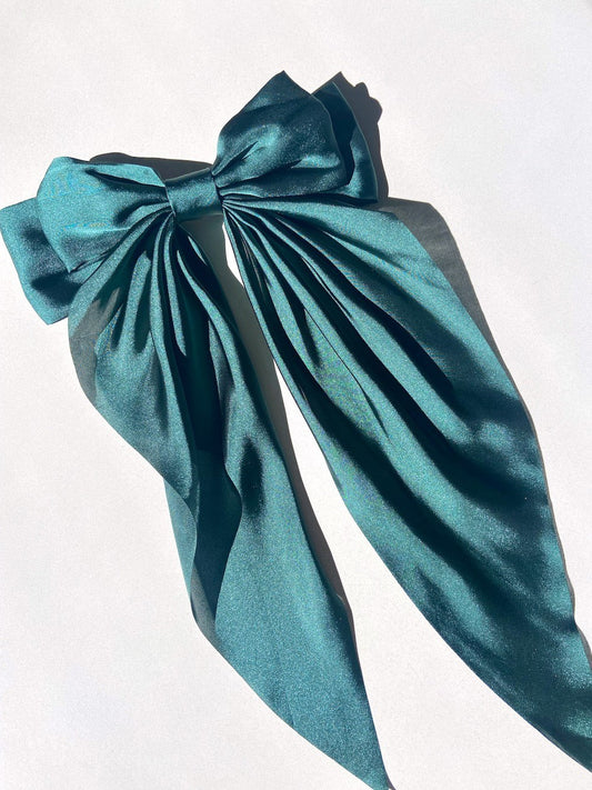 Clara Large Satin Hair Bow Clip in Emerald Green