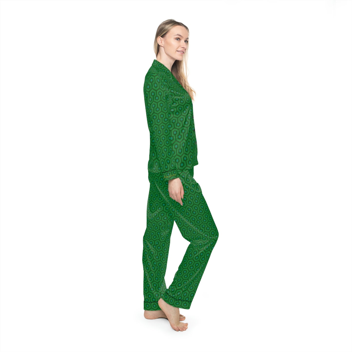 Pajama Game in Green Hotel Hexagon Satin 2 Piece Button Up PJ Set | Pinup Couture Relaxed