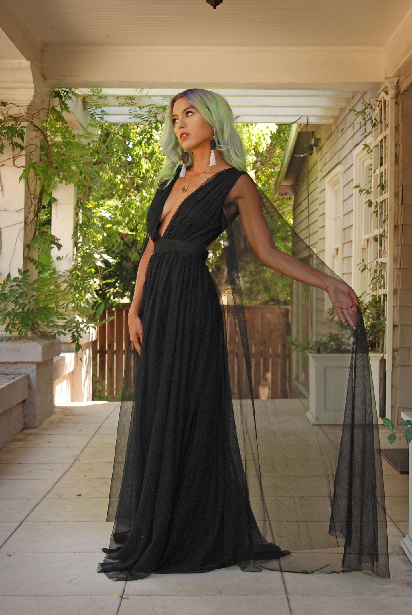 Coming Soon - Gothic Glamour Bombshell Gown in Black with Floor Length Sheer Cape Sleeves - pinupgirlclothing.com