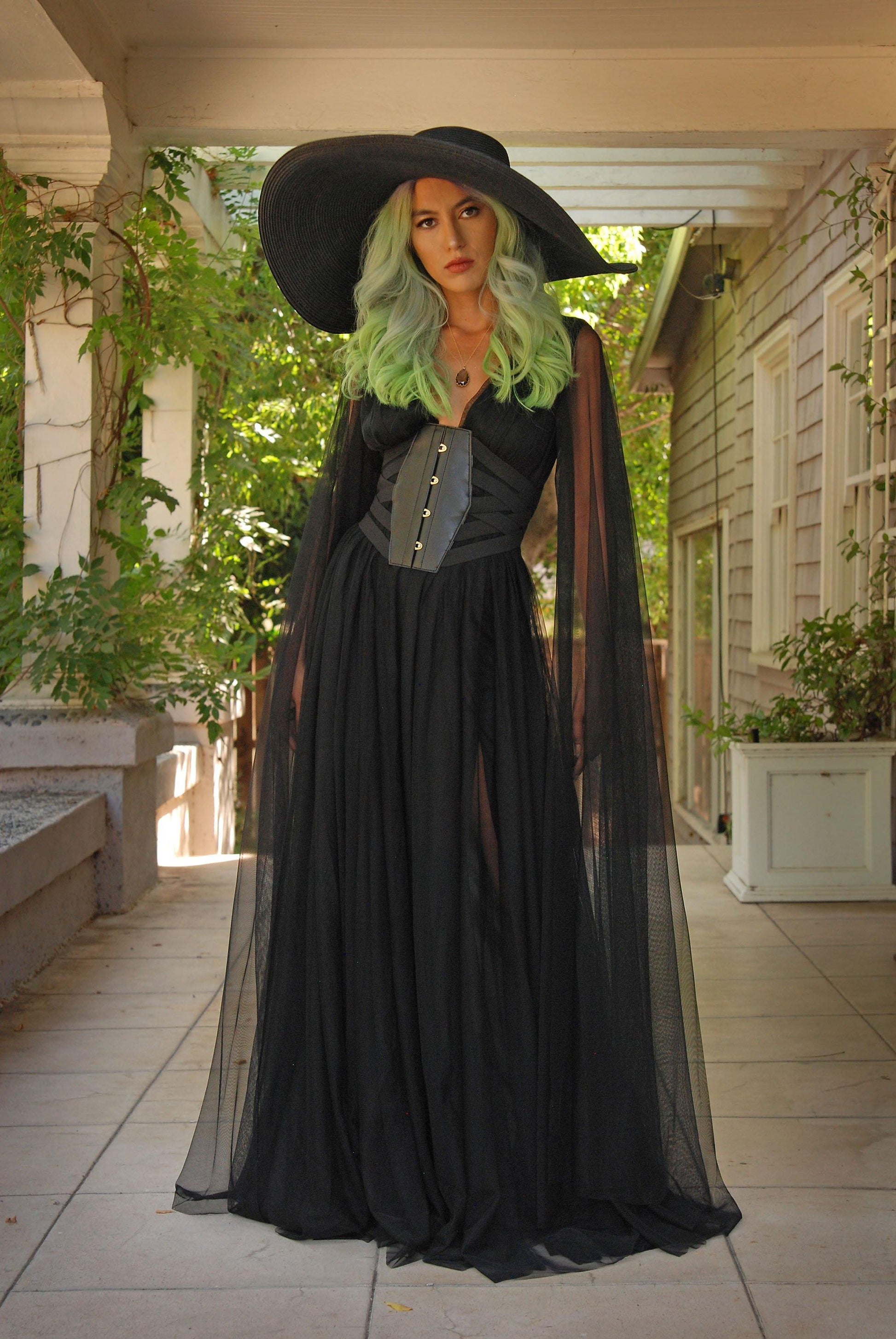 Coming Soon - Gothic Glamour Bombshell Gown in Black with Floor Length Sheer Cape Sleeves - pinupgirlclothing.com