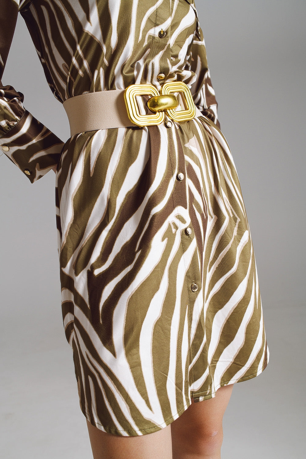 Safari 60s Mini Shirt Dress in White and Olive Green Zebra Print | Q2