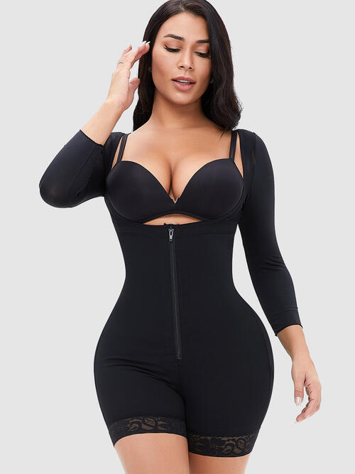 Jess Full Size Zip Up Lace Detail Long Sleeve Shapewear | 2 Colors