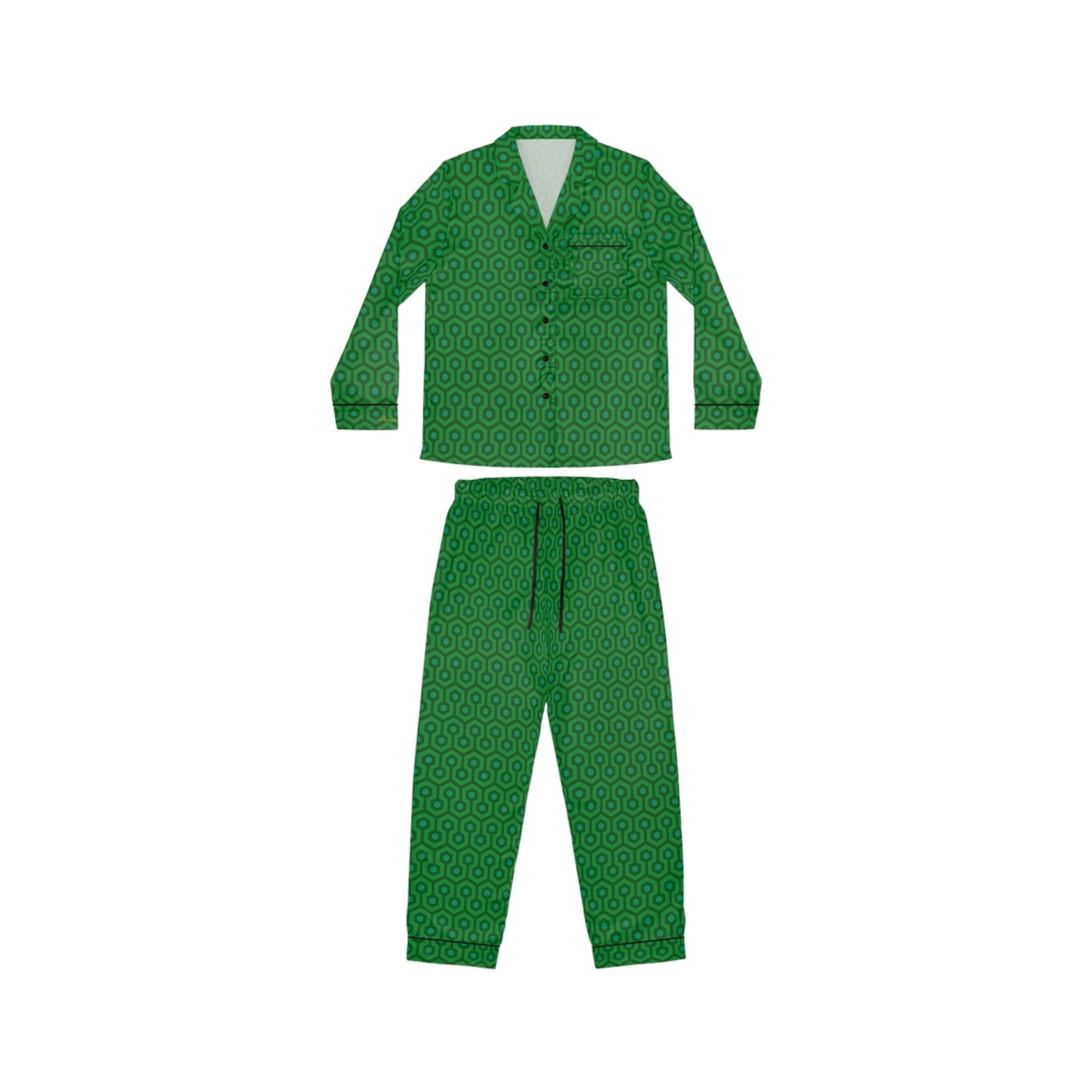 Pajama Game in Green Hotel Hexagon Satin 2 Piece Button Up PJ Set | Pinup Couture Relaxed