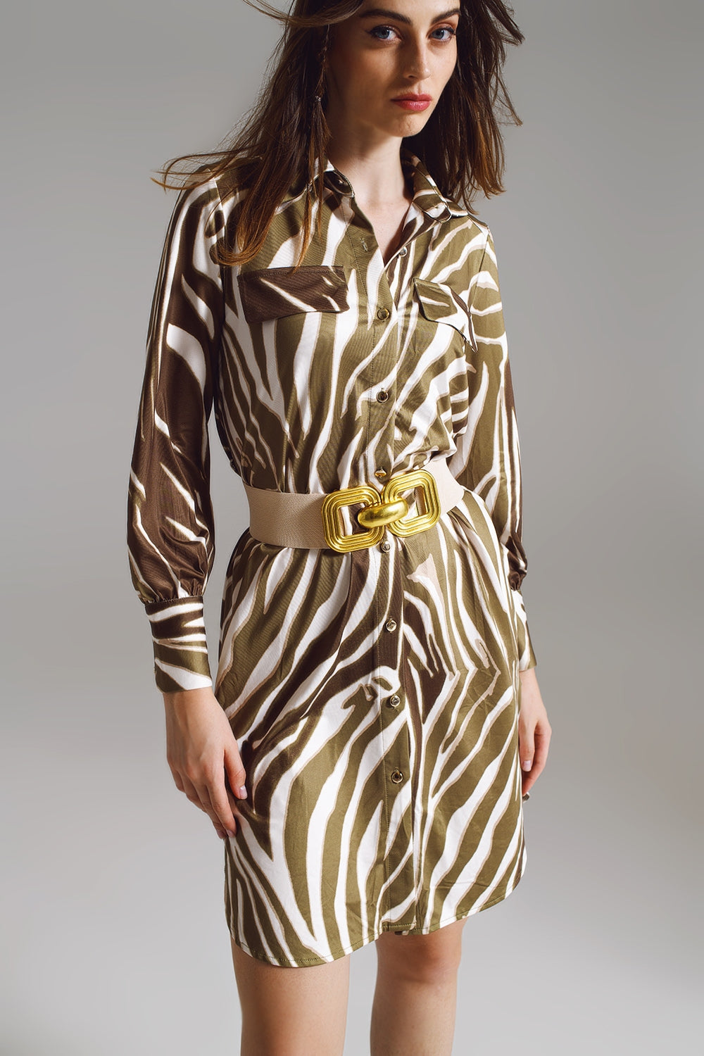 Safari 60s Mini Shirt Dress in White and Olive Green Zebra Print | Q2