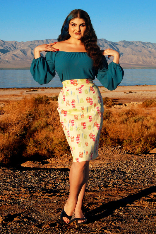 Final Sale - Vintage High Waist Pencil Skirt in Yellow Tiki Sateen | Laura Byrnes Design