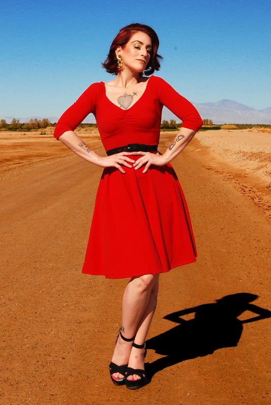 Kayla Swing Dress in Red Scuba Crepe | Deadly Dames