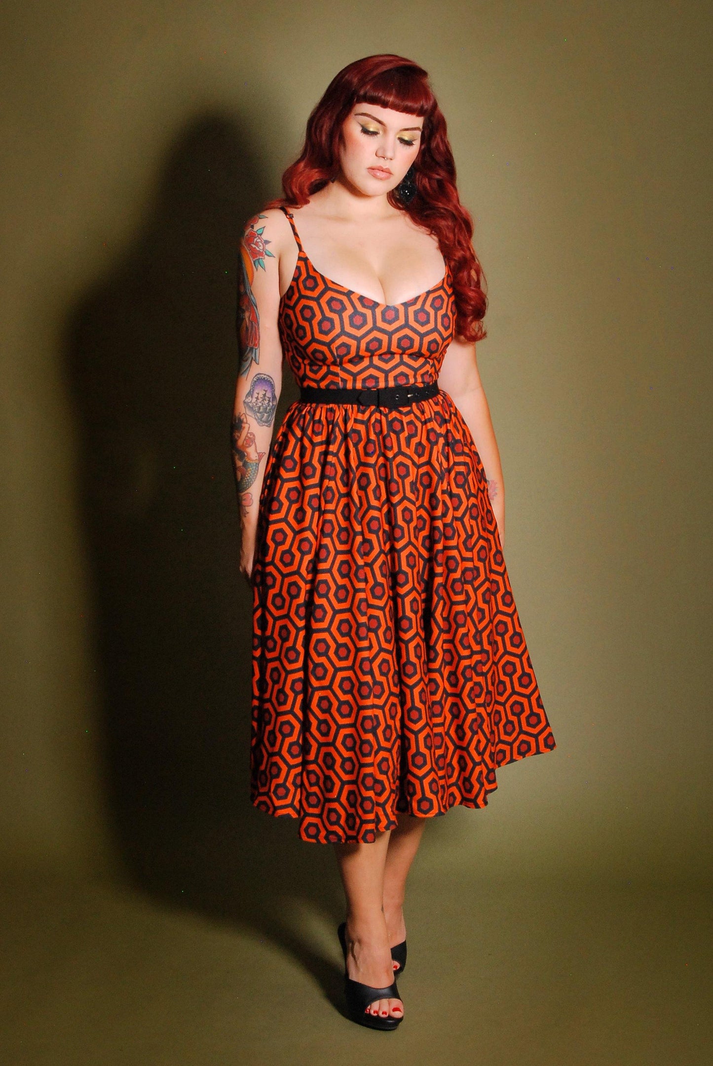 Amalie Ballerina Swing Dress in Hotel Hexagon Crepe | Laura Byrnes Design - pinupgirlclothing.com