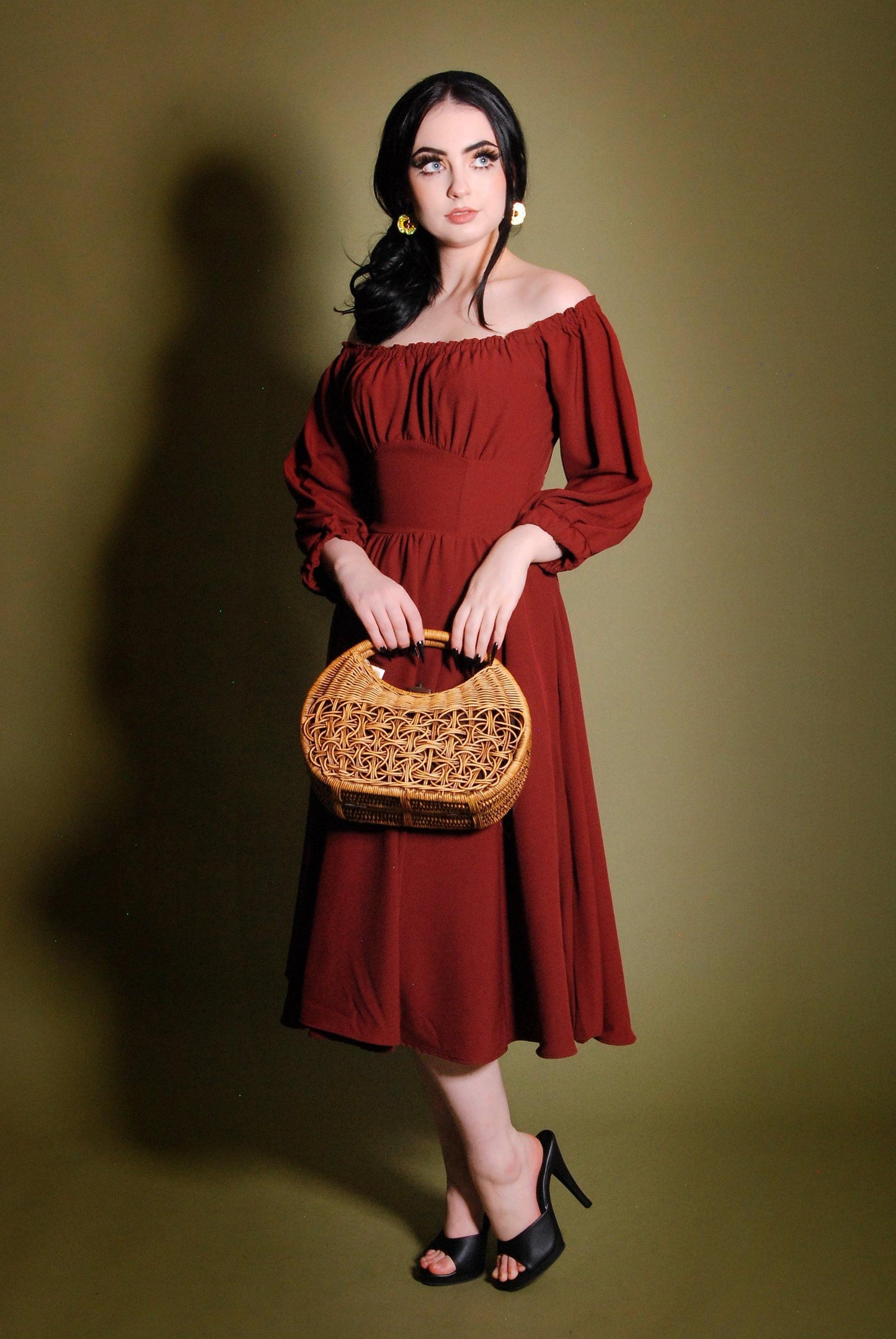 Marie-Thérèse Peasant Dress in Merlot Poly Crepe | Pinup Couture - pinupgirlclothing.com