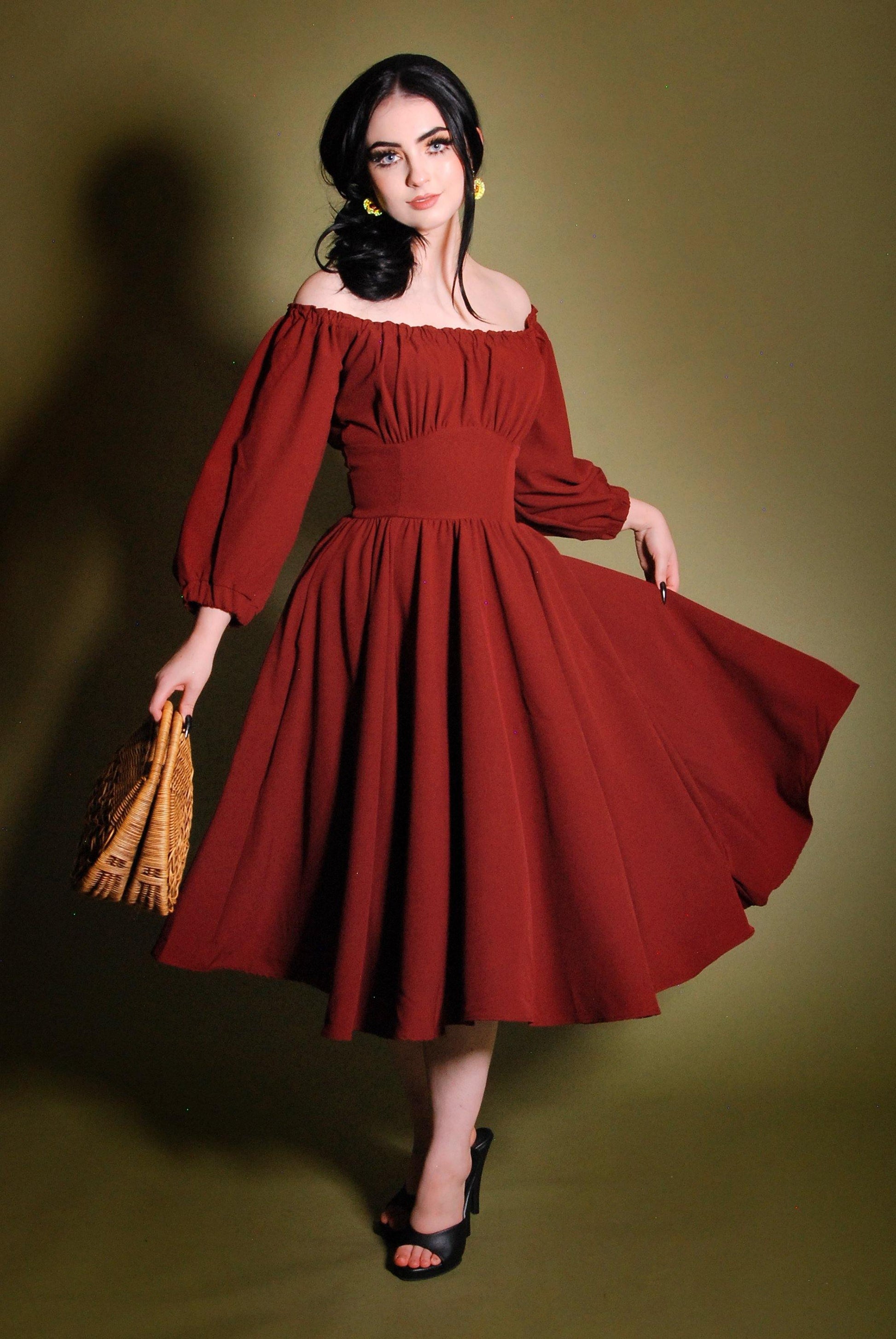 Marie-Thérèse Peasant Dress in Merlot Poly Crepe | Pinup Couture - pinupgirlclothing.com