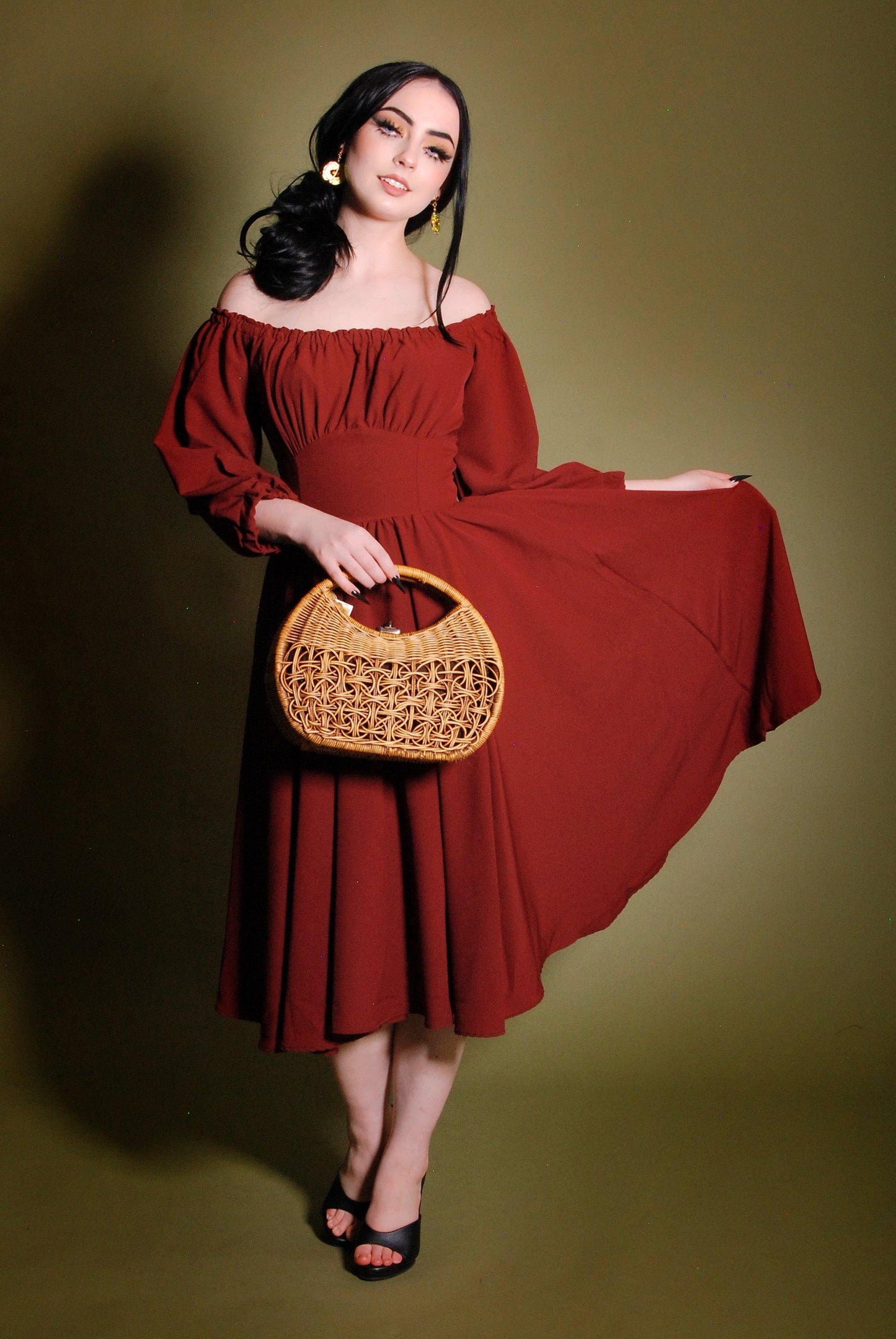 Marie-Thérèse Peasant Dress in Merlot Poly Crepe | Pinup Couture - pinupgirlclothing.com