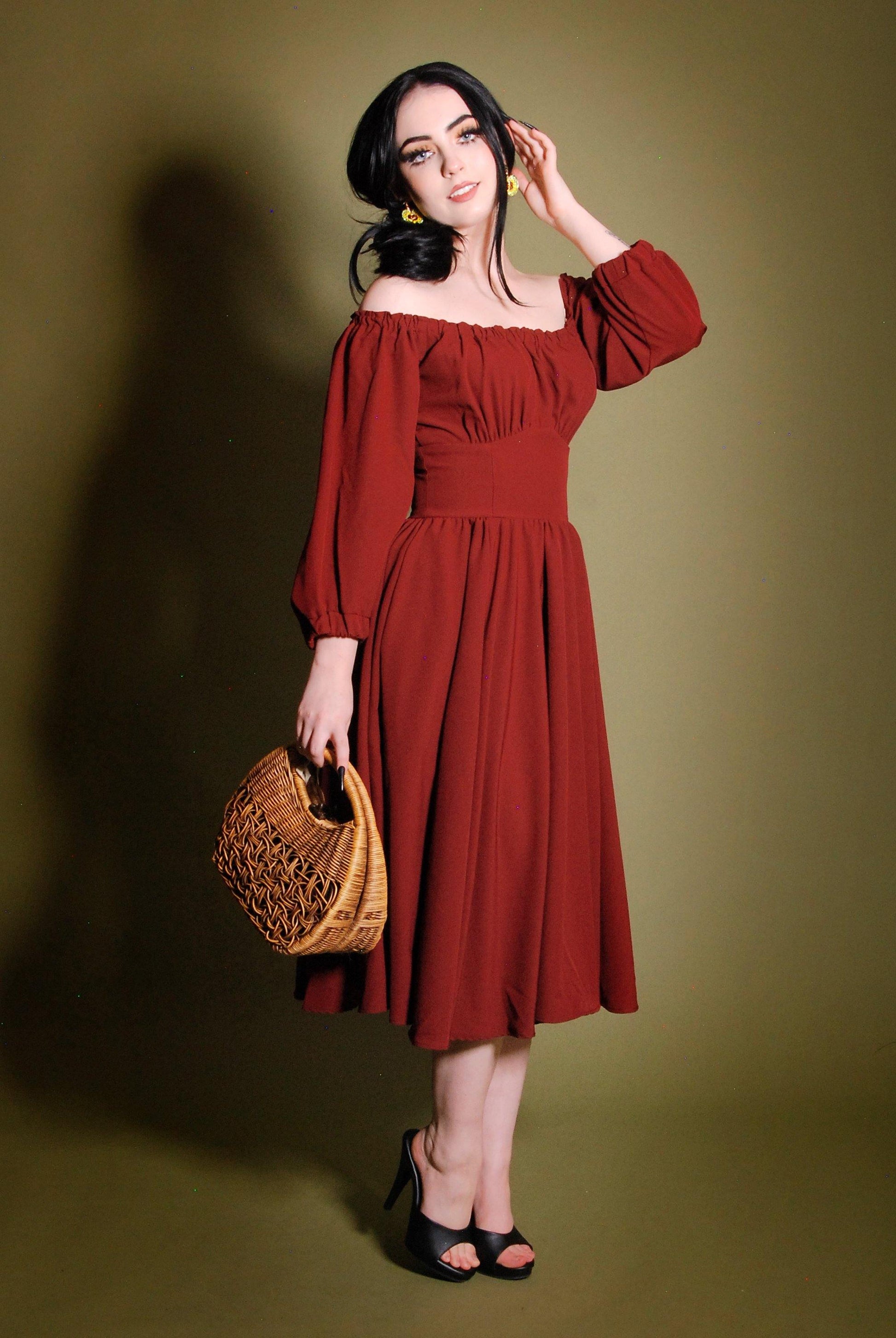 Marie-Thérèse Peasant Dress in Merlot Poly Crepe | Pinup Couture - pinupgirlclothing.com