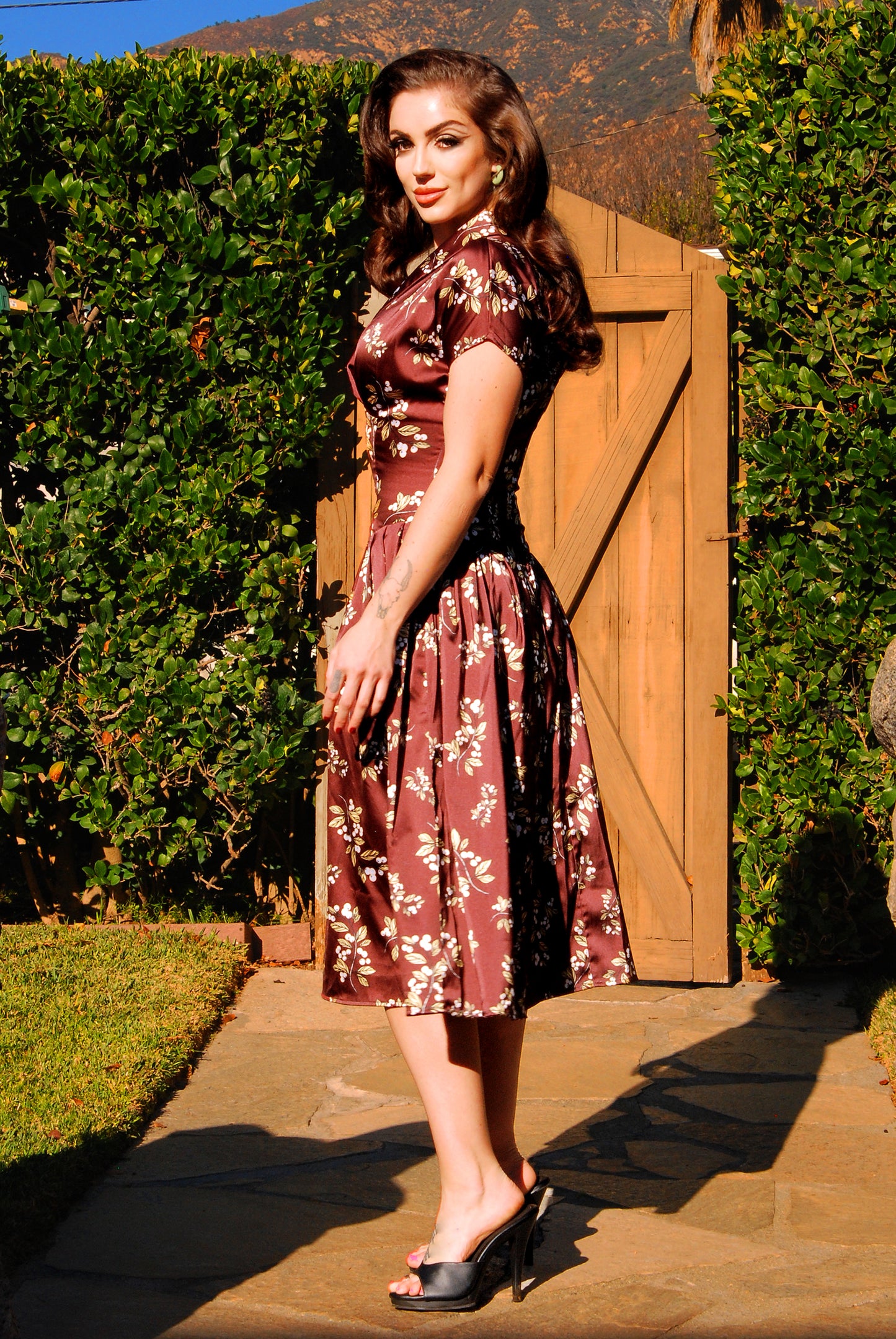 Final Sale - Nadia Swing Dress in Burgundy Juniper Berries Satin | Laura Byrnes & Hope Johnstun