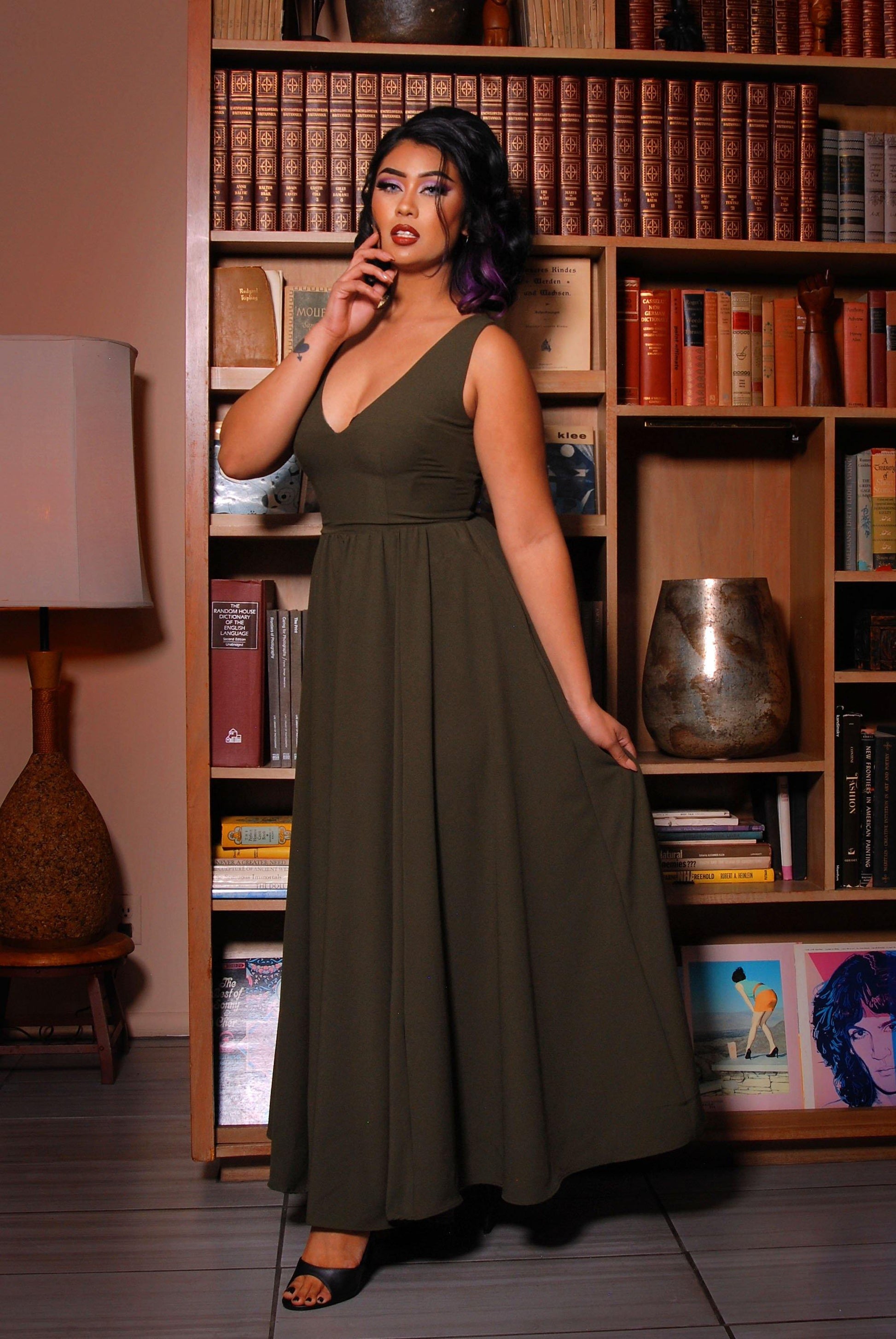 Tara Maxi Dress in Olive Crepe - pinupgirlclothing.com