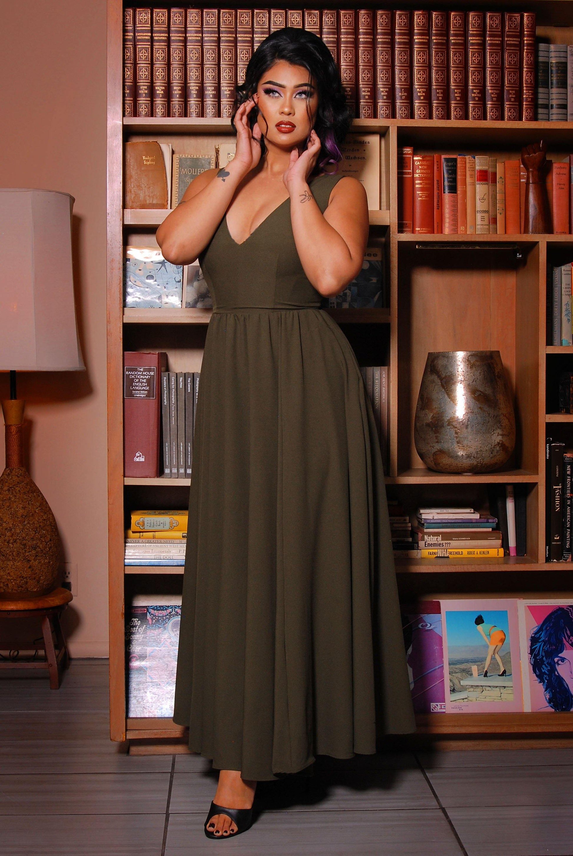 Tara Maxi Dress in Olive Crepe - pinupgirlclothing.com