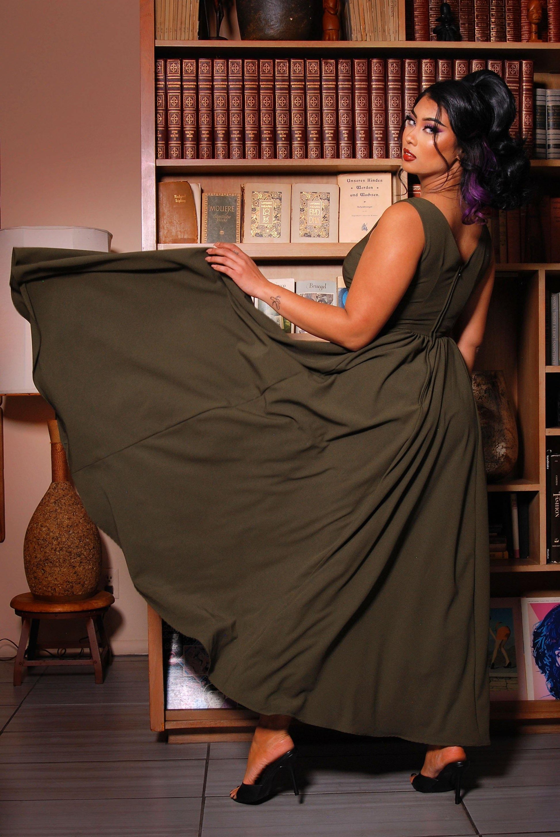 Tara Maxi Dress in Olive Crepe - pinupgirlclothing.com