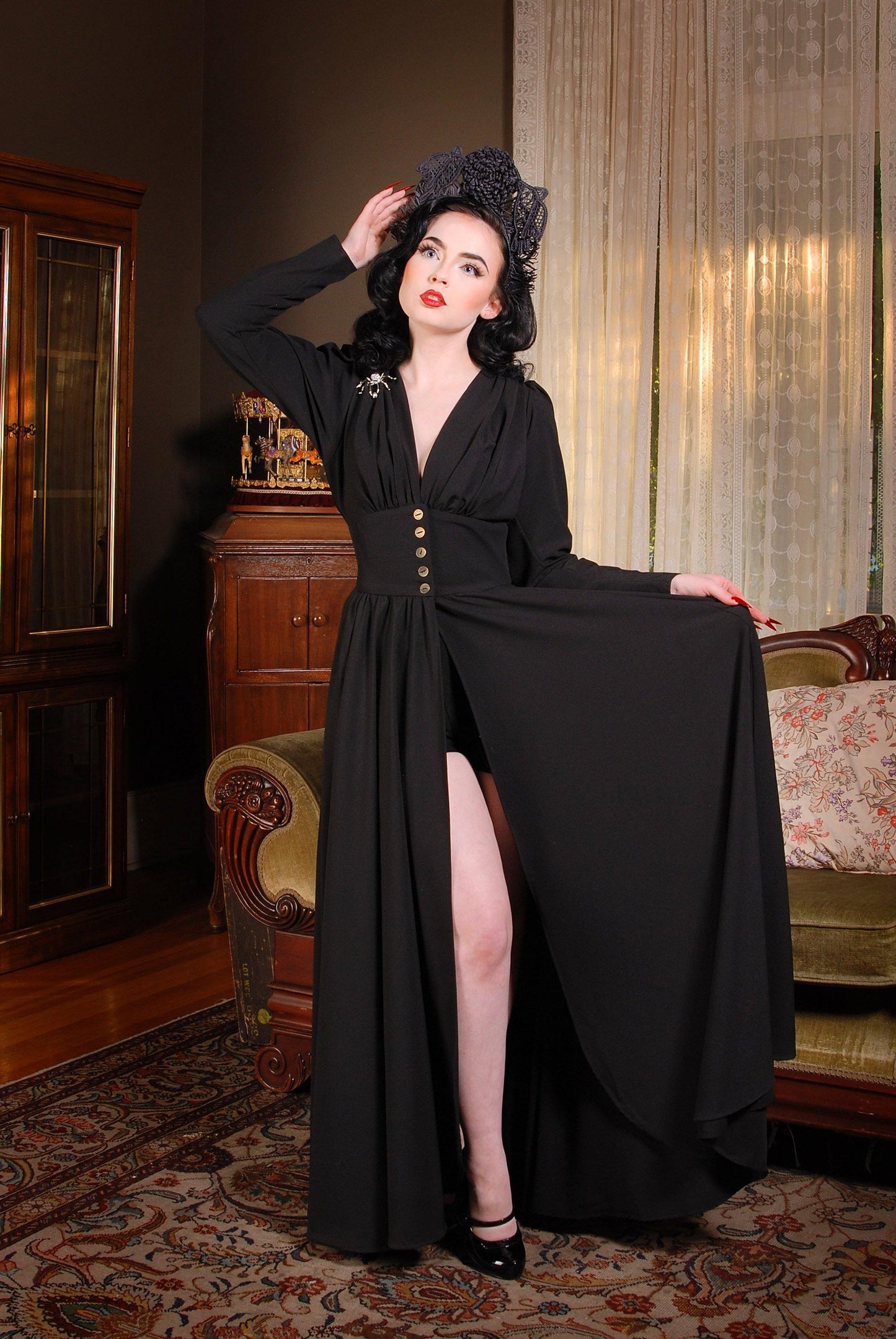 Clarice Coat Dress in Solid Black Poly Crepe | Laura Byrnes Design - pinupgirlclothing.com