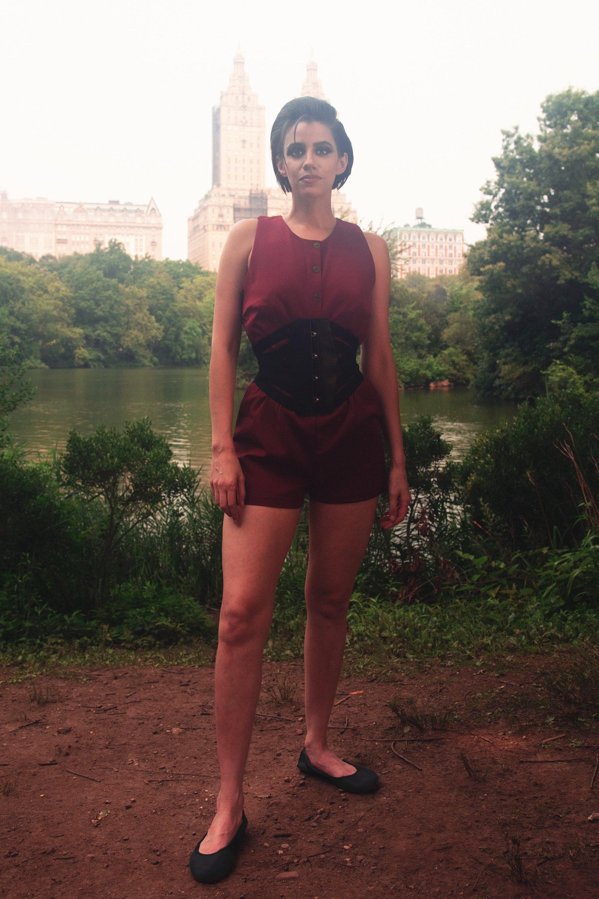 Edie Playsuit in Burgundy Stretch Gabardine | Laura Byrnes Design - pinupgirlclothing.com