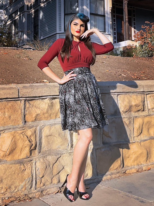 Little Jun Pleated Box Skirt in Black Widow Spider Web Print Sateen | Laura Byrnes - pinupgirlclothing.com