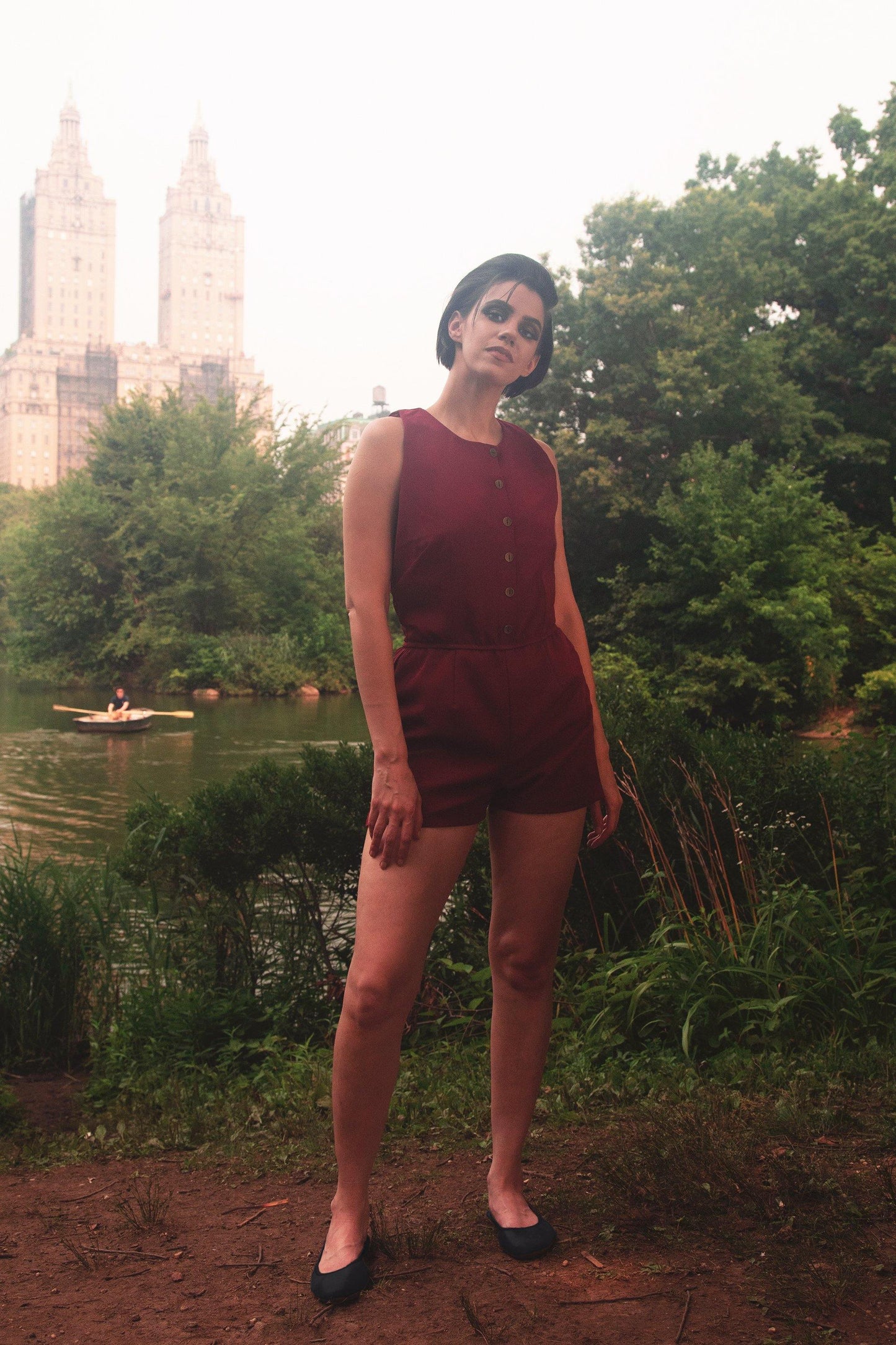 Edie Playsuit in Burgundy Stretch Gabardine | Laura Byrnes Design - pinupgirlclothing.com