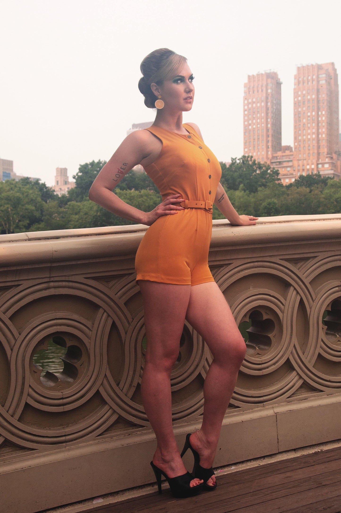 Edie Playsuit in Mustard Stretch Gabardine | Laura Byrnes Design - pinupgirlclothing.com