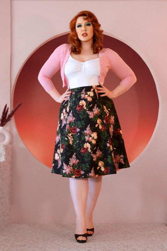 Viva 40s Tulip Skirt in Dark Bella Roses Stretch Crepe | Laura Byrnes