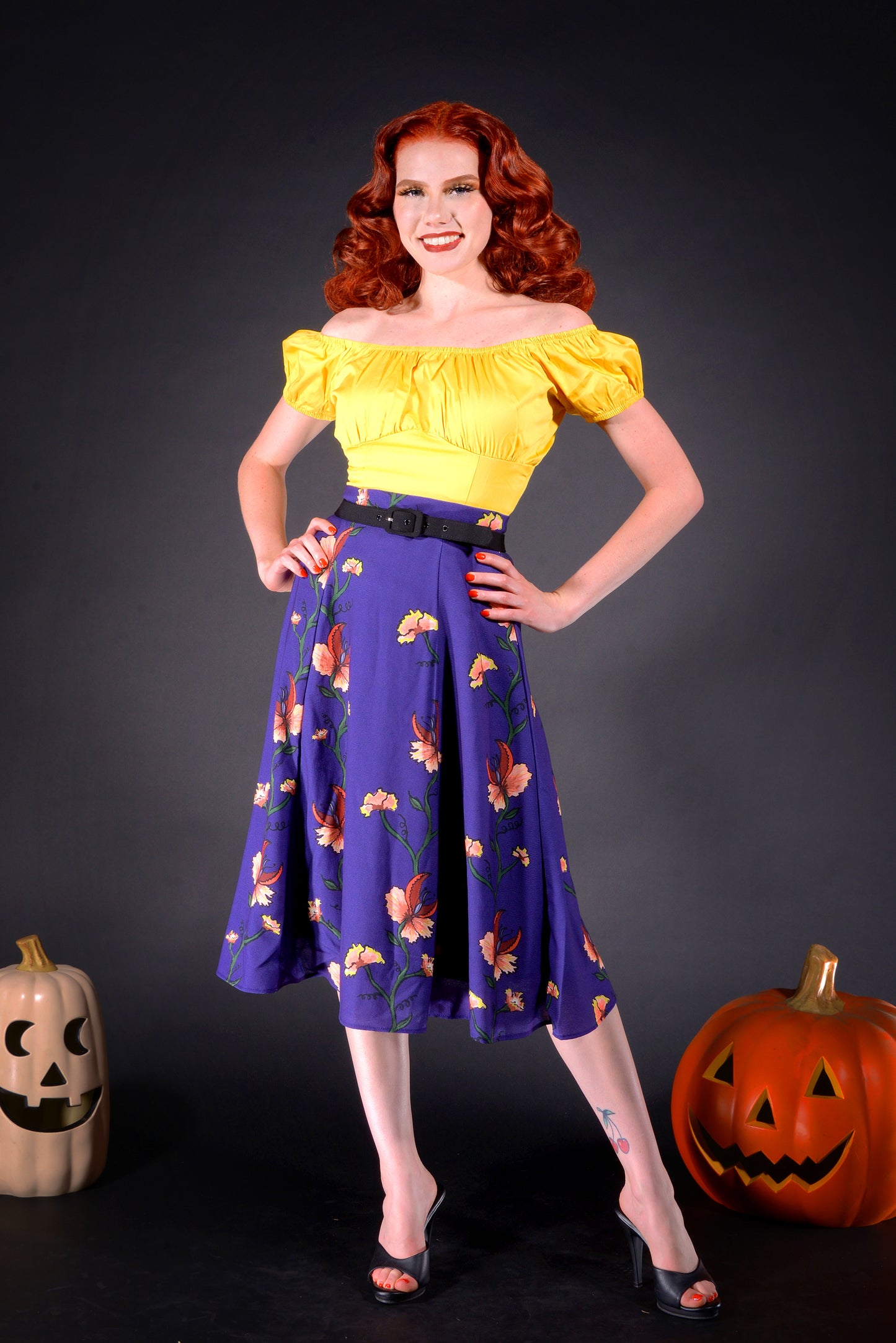 Pinup Couture Peasant Top in Yellow Stretch Cotton Sateen