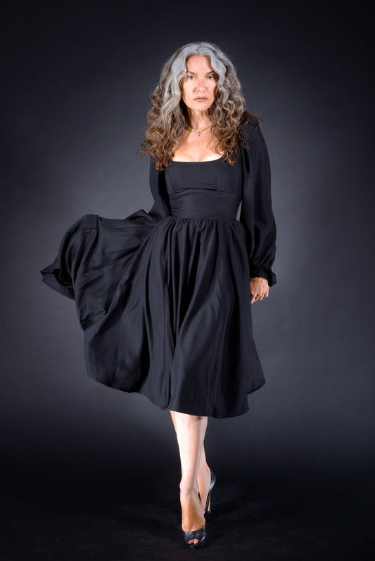 Amara Long Sleeved Swing Dress in Solid Black Crepe | Pinup Couture