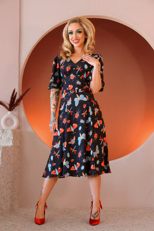 Final Sale - Viva 40s Day Dress in 70's Moth Print Stretch Crepe | Laura Byrnes & Hope Johnstun