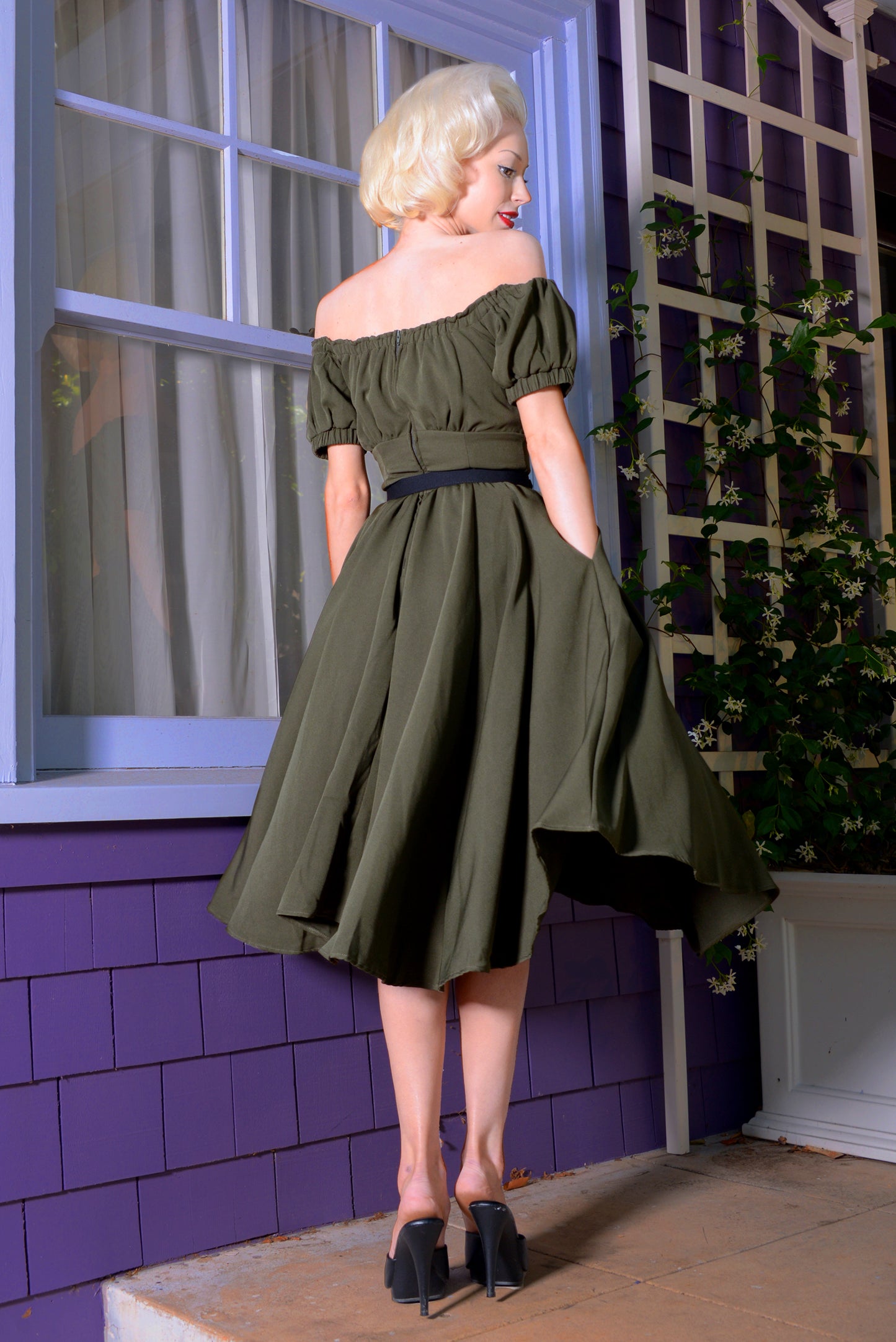 Marie-Thérèse Peasant Dress with Short Sleeves in Olive Poly Crepe | Pinup Couture