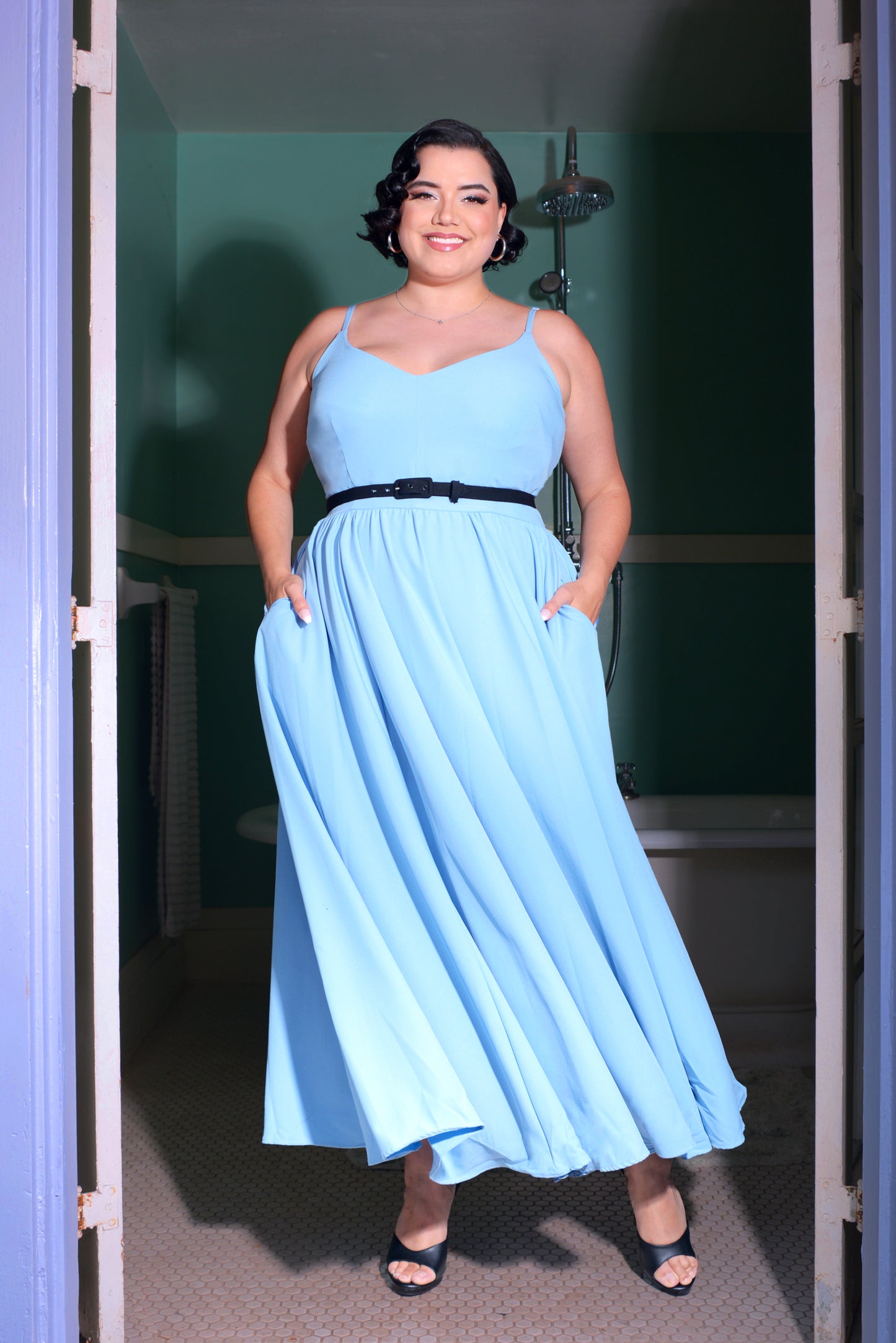 Final Sale - Amalie Ballerina Daytime Maxi Gown in Sky Blue Stretch Crepe | Laura Byrnes