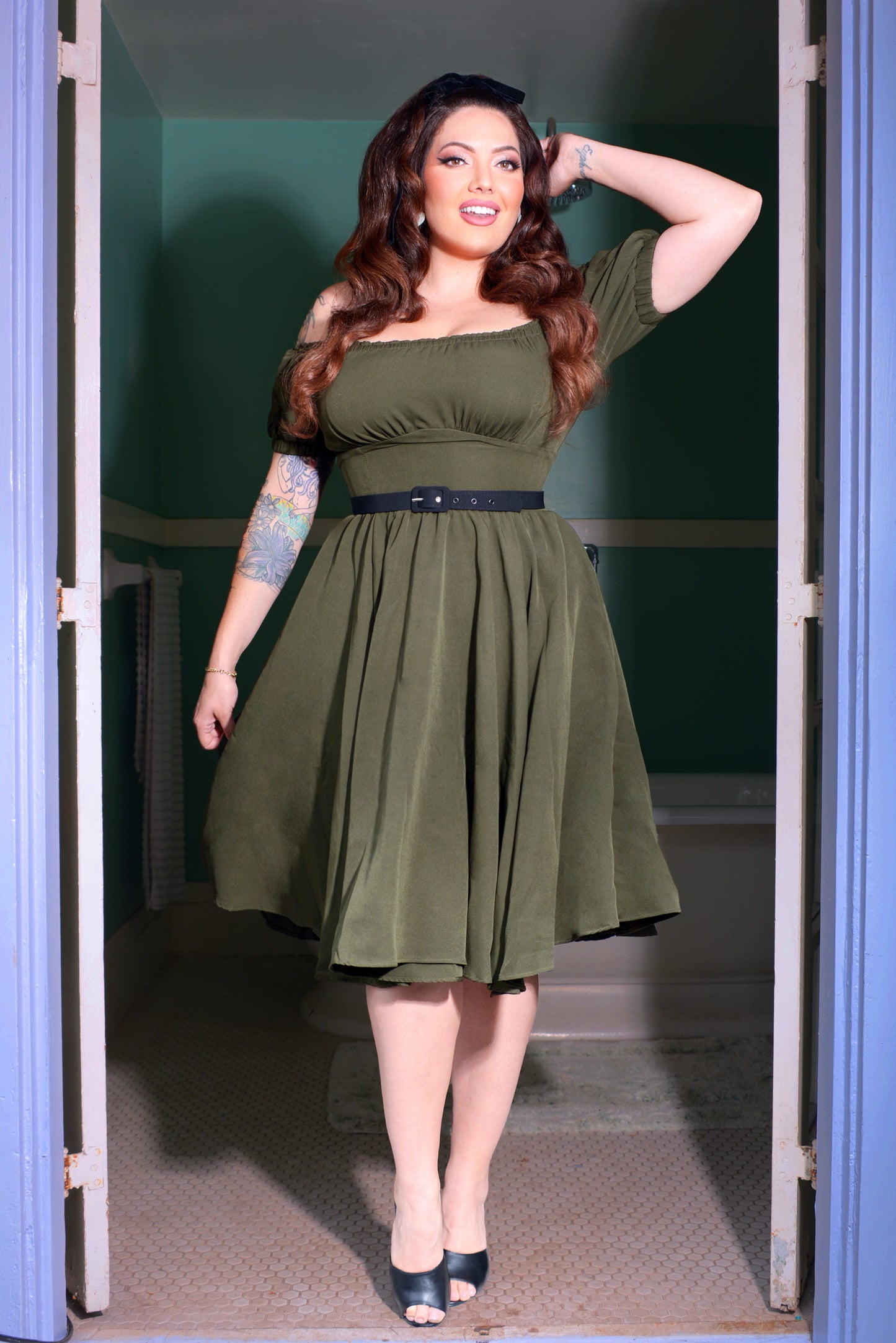 Marie-Thérèse Peasant Dress with Short Sleeves in Olive Poly Crepe | Pinup Couture