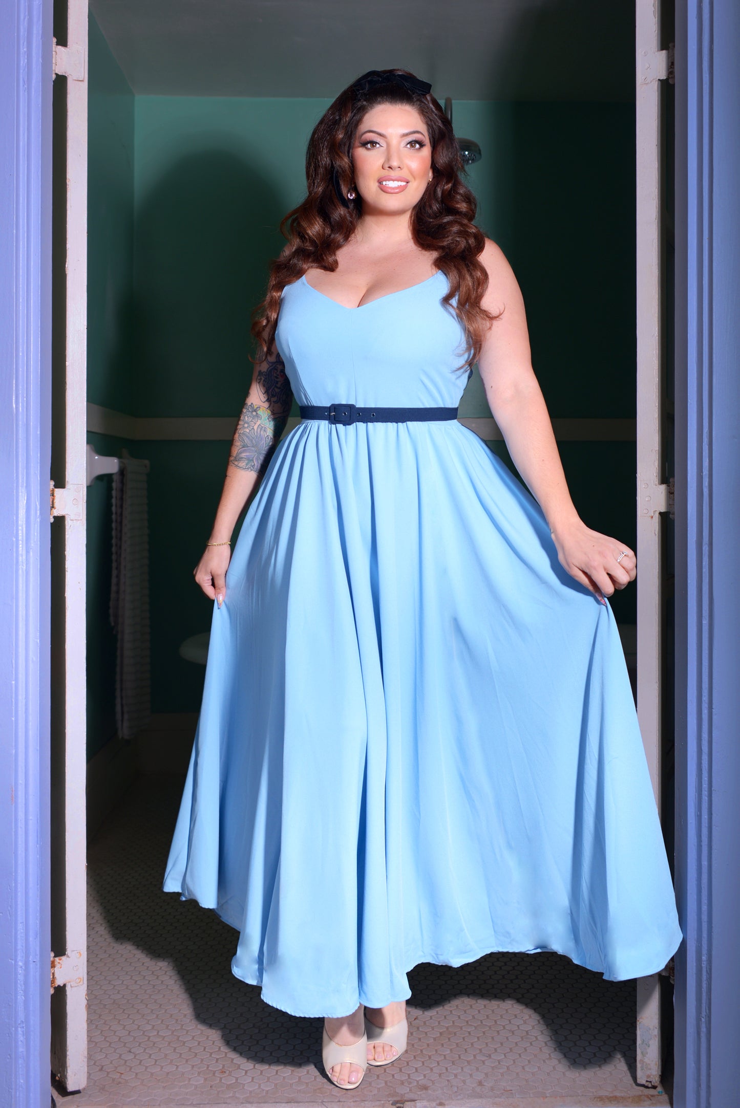 Final Sale - Amalie Ballerina Daytime Maxi Gown in Sky Blue Stretch Crepe | Laura Byrnes