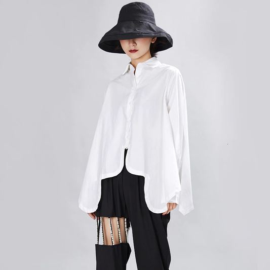 Sonoya Irregular Tulip Hem Oversized Shirt  in White Cotton | Marigold Shadows