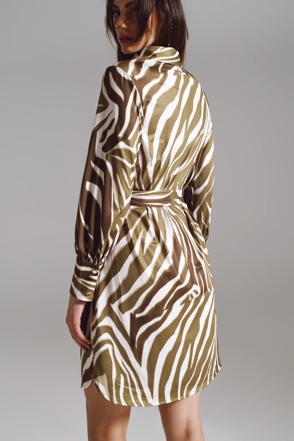 Safari 60s Mini Shirt Dress in White and Olive Green Zebra Print | Q2