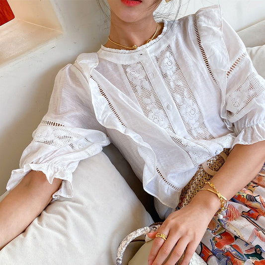 White Cotton Short Sleeve Lace Panels Shirt Ruffled