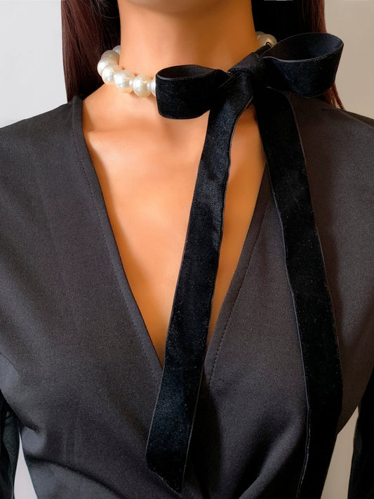 Elegance Tied in Faux Pearls Vintage Black Velvet Ribbon Necklace | BCNY