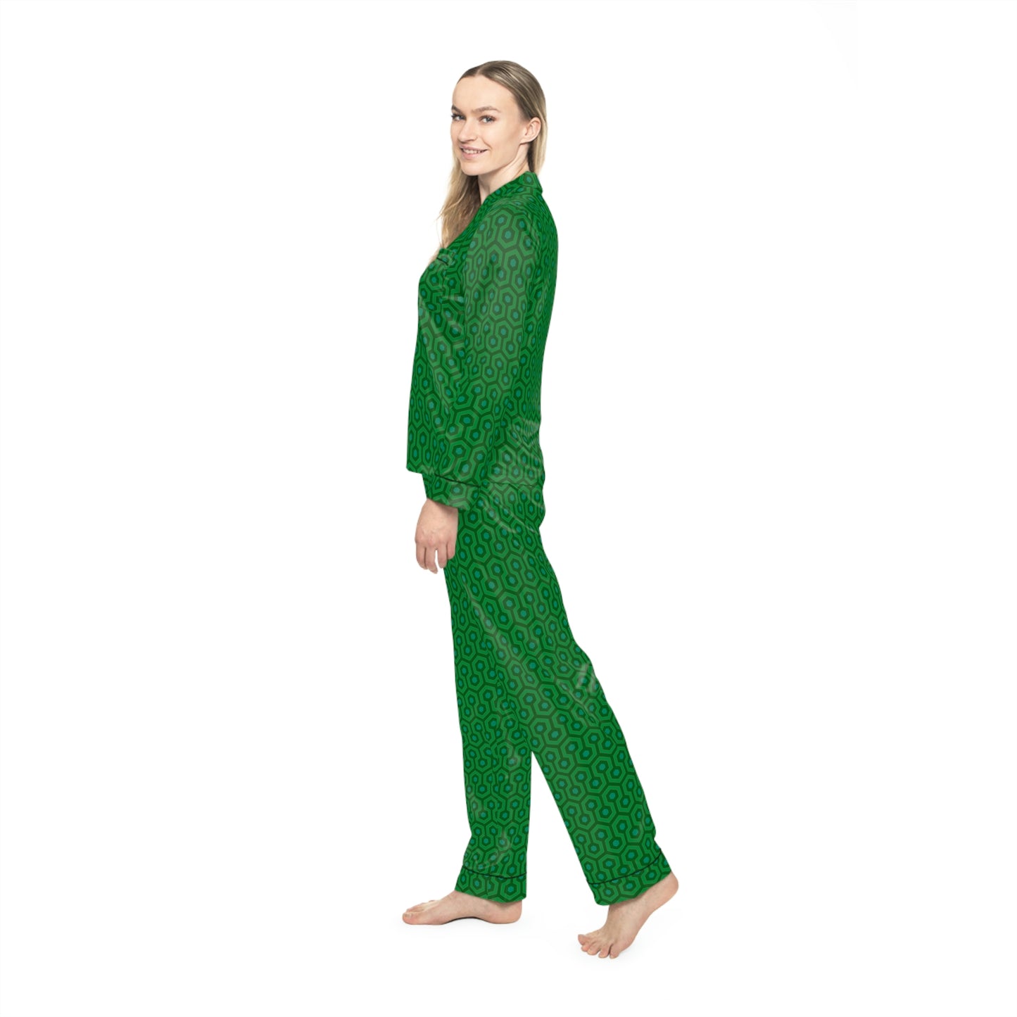 Pajama Game in Green Hotel Hexagon Satin 2 Piece Button Up PJ Set | Pinup Couture Relaxed