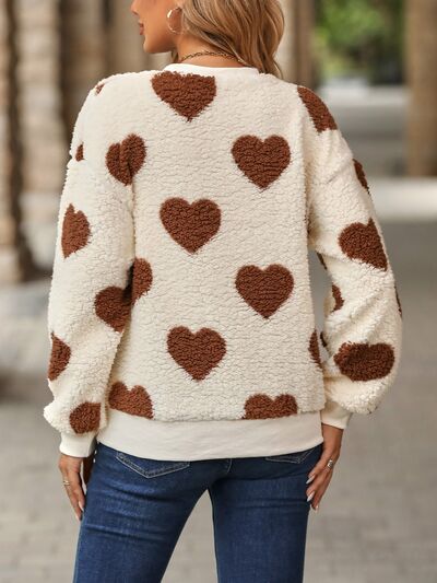 Soft Hearts Dropped Shoulder Heart Print Fuzzy Sweatshirt | 3 Colors | Poundton