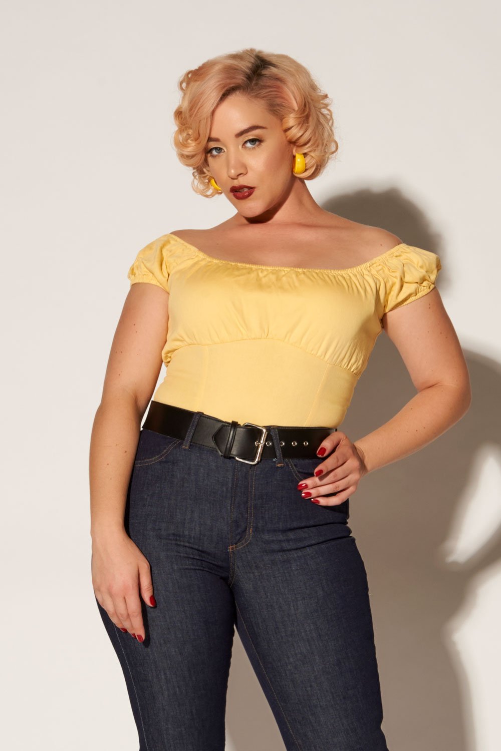 Pinup Couture Peasant Top in Yellow Stretch Cotton Sateen